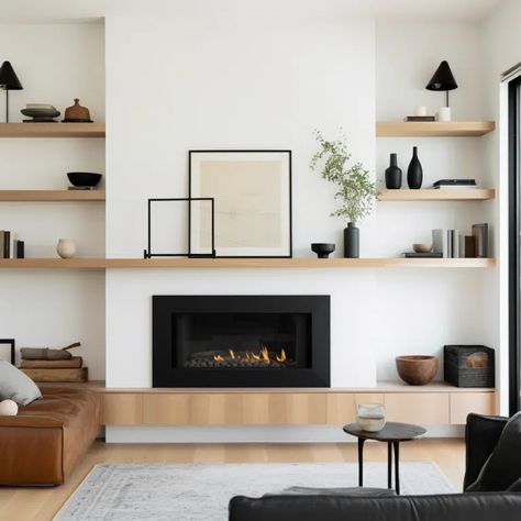 20 Fireplace With Built Ins on Both Sides Ideas to Make the Most of Your Living Space - HearthandPetals Madrid Living, Bungalow Extension, Minimalist Fireplace, Built In Shelves Living Room, Living Room Built Ins, Fireplace Shelves, Fireplace Built Ins, Fire Places, Living Room Decor Fireplace