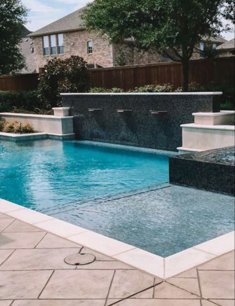 Stacked Stone Pool Waterfall, Pool Jumping Platform, Turf Yard, Cocktail Pools, Patio Yard Ideas, Beach House Pool, Pool Tile Designs, Contemporary Pool, Arizona Backyard