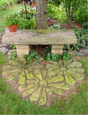 Dave Davies_Flower Stepping Stones Cabin Projects, Cabin Garden, Garden Stepping Stones, Stone Bench, Unique Gardens, Garden Pathway, Garden Stuff, Terrace Garden, Garden Cottage