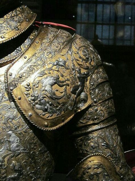 Engraved plate. Armor Shoulder, Silver Armor, Helmet Armor, Ancient Armor, Historical Armor, Knight In Shining Armor, Knight Armor, Arm Armor, Medieval Armor