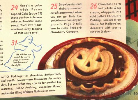 Jack O' Lantern Tarts - A Calendar of Desserts, General Foods, 1940 #halloweenweek #Halloween #midcenturymenu Vintage Halloween Desserts, Halloween Deserts Recipes, Retro Halloween Party, Witch Recipes, Halloween Jello, Halloween Deserts, Kitchen Witch Recipes, Halloween Foods, Halloween Week