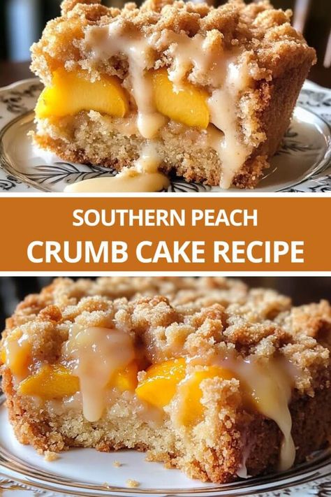 Southern Peach Crumb Cake Recipe Huckleberry Peach Cobbler, Southern Peach Crumb Cake Recipe, Desserts To Make With Peaches, Brown Butter Peach Crumb Cake, Peach Cobbler Coffee Cake, Brown Butter Peach Cake, Fresh Peach Crumb Bars, Desserts Made With Fresh Peaches, Peach Breakfast Cake