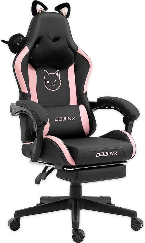 Cute Gamer Chair, Cat Gaming Chair, Dowinx Gaming Chair, Gaming Chair Cute, Kuromi Gaming Chair, Aesthetic Gaming Chair, Black And Pink Gaming Setup, Footrest Ideas, Gaming Chair Aesthetic