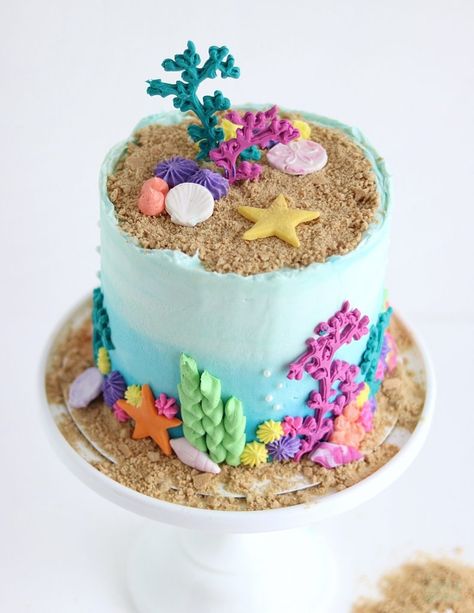 under the sea cake with seashells and coral reef 3 Teir Cakes Ideas, Simple Under The Sea Cake, Birthday Sea Theme, Under The Sea Smash Cake, Easy Mermaid Cake, Axolotl Cake, Ocean Theme Cake, Ocean Birthday Cakes, Wave Cake