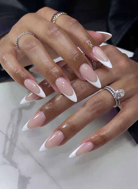 Stilleto Frenchies Nails, French Tip Nails Stiletto, Beige French Tip Nails, Stiletto French Nails, Stiletto Nails French, V French Nails, Stiletto French Tip, French Tip Stiletto, Max Mills