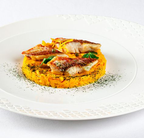 Recipe: Antonio Salvatore's Mullet & Saffron Risotto Risotto Plating, Rice Plating, Gastronomic Food, Saffron Risotto, Panzanella Recipe, Food Celebration, Lobster Risotto, Party Breakfast, Italian Seafood