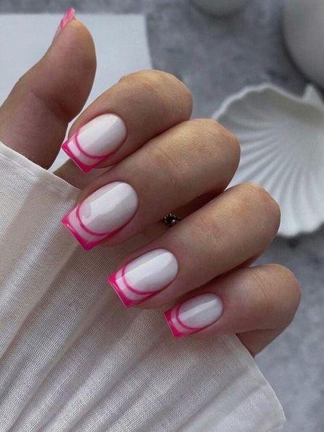 Hot pink double lines on milky short acrylics Pink French Tip Nails, Pink Tip Nails, Pink French Tip, Pink French Nails, Pink Nail Colors, Glitter Accent Nails, Unghie Nail Art, Milky Nails, Pink Manicure