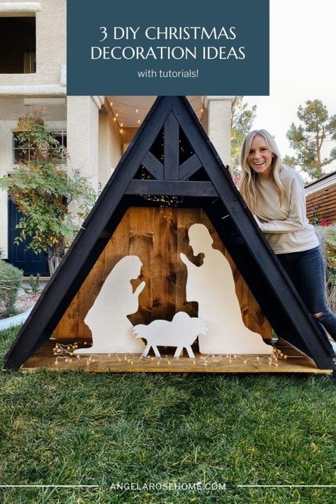 Manger Diy Nativity, Large Nativity Scene Display Indoor, Woodworking Christmas Projects, Nativity Stable Diy, Church Stage Christmas Decor, Wood Nativity Diy, Diy Outdoor Nativity Scene, Nativity Scene Display Indoor Ideas, Diy Wood Christmas Decorations