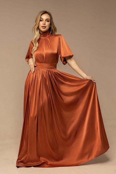 Rust Terracotta Bridesmaid Dresses, Burnt Orange Gown, Burnt Orange Bridesmaid, Rust Orange Dress, Orange Silk Dress, Bride Dress Elegant, Elegant Silk Dresses, Elegant Mother Of The Bride, Rust Bridesmaid Dress