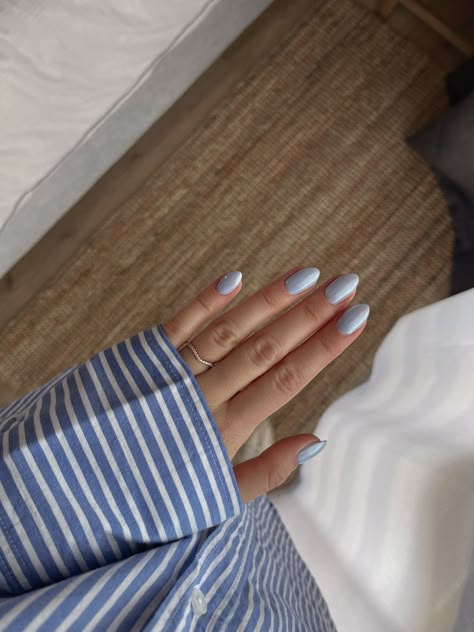 Pastel Glazed Nails, Baby Blue Glazed Nails, Milk Blue Nails, Blue Milky Nails, Neutral Blue Nails, Glossy Blue Nails, Blue Glazed Nails, Milky Blue Nails, Baby Blue Chrome Nails