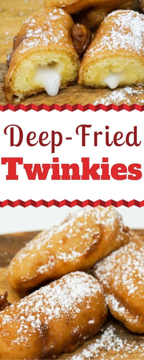 Deep-Fried Twinkies are a crowd favorite at the State Fair and they are a favorite at our house as well. Crispy fried on the outside and gooey on the inside. Sweet! You'll be surprised to see how easy they are to make at home. | Deep Fried Food | Fair Food | State Fair Food | How to Deep Fry Food | Homemade Deep-Fried Twinkies | #DeepFried #Fried #Twinkies #FairFood Carnival Snacks Fair Foods, Deep Fried Fair Food, Carnival Eats Recipes, Carnival Recipes, Deep Fried Snickers, Deep Fried Twinkies, Fried Twinkies, Carnival Eats, Fried Desserts