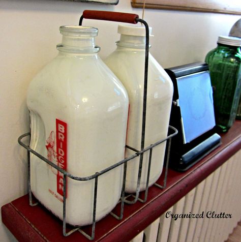 Vintage Milk Bottles  Carrier with Inside Painted with Chalk Paint www.organizedclutterqueen.blogspot.com Milk Bottle Carrier, Milk Bottle Holder, Old Milk Bottles, Vintage Milk Bottles, Vintage Milk Can, Glass Milk Bottles, Percolator Coffee, Bottle Display, Clutter Organization