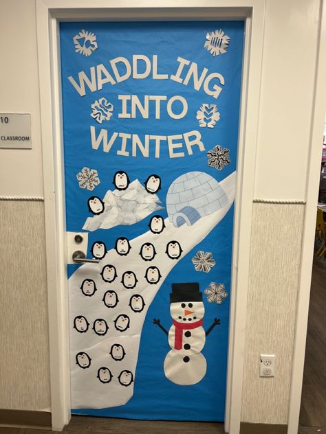 Penguin Igloo Door Decoration, Winter Door Decorations For Toddler Room, Snowmen Classroom Door Ideas, Penguin Door Decorations Classroom, Snow Themed Classroom Door, Winter Class Door Decorations, Winter Door Preschool, Penguin Classroom Door Ideas, Snowmen Door Decorations For School