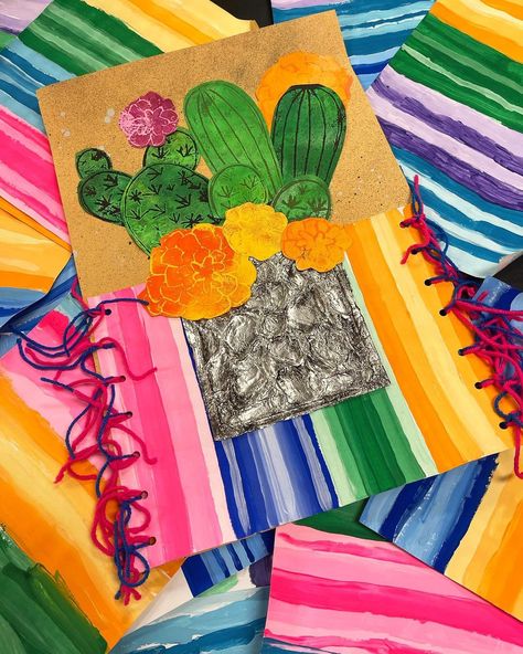 Mexican Marigold Art, Cactus Art Project, Mexico For Kids, Kindergarten Stations, Elementary Art Rooms, Hispanic Art, Tin Pots, Serape Blanket, 8th Grade Art