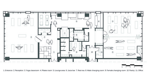 Gallery of Yoga Studio / Kostas Chatzigiannis Architecture - 25 Yoga Room Architecture, Yoga Studio Layout Plan, Dance Studio Plan Architecture, Yoga Building Architecture, Gym Floor Plan Layout, Gym Floor Plan Commercial, Fitness Center Floor Plan, Pilates Studio Floor Plan, Yoga Architecture Design