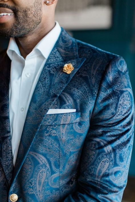 End of Winter Montage Deer Valley Wedding Editorial - Paisley Groom Suit, Blue Velvet Wedding Suit, Patterned Groom Suit, Blue Velvet Groom Suit, Fun Groom Suit, Paisley Suit Men, Blue Suits Wedding, Blue Wedding Tuxedo, Colorful Tuxedo