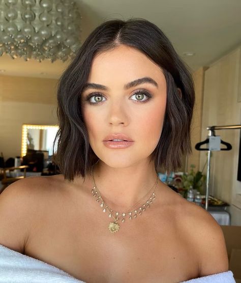 Lucy Hale Bob Haircut, Bob 2022 Trends, Brunette French Bob, French Bob Fine Hair Round Face, Lucy Hale Hair Short, Bob Hair 2023, Dark Bob Hair, Jawline Bob Haircut, Short Bob Dark Hair