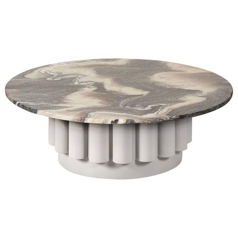 Round Ravine Marble-Top Coffee Table with Fluted Base | From a unique collection of antique and modern Coffee and Cocktail Tables at https://www.1stdibs.com/furniture/tables/coffee-tables-cocktail-tables/. Fluted End Table, Rock Coffee Table, Round Black Coffee Table, Brass Round Coffee Table, Dark River, Eden Rock, Marble Round Coffee Table, Handmade Coffee Table, Wood Columns