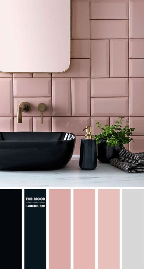 Thinking of pink? There are many ways in which you can bring in feminine elements without overpowering the décor. And this bathroom in pink wall is one... Black White And Pink Bathroom Ideas, Pink Bathroom With Black Fixtures, Pink Wc Ideas, Pink And Chrome Bathroom, Pink Black Bathroom Ideas, Pink White Black Bathroom, Pink Half Bathroom Ideas, Pink Black Interior, Dusty Pink Bathroom Ideas