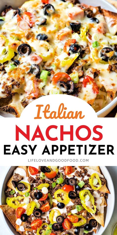 Italian Nachos With Wonton Chips, Zios Italian Nachos Recipe, Italian Restaurant Recipes, Italian Style Nachos, Italian Apps Appetizers, Italian Tacos, Italian Foods For A Party, Italian Inspired Appetizers, Italian Food Appetizers