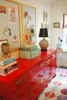 Fabric Window Shades, Dining Room Dresser, Orange Furniture, Colorful Dresser, Dresser Refinish, Red Furniture, Narrow Rooms, Cabinet Colors, Retro Kitchen