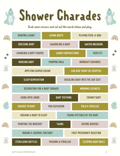 Dinosaur Baby Shower Game Printable Charades Dinosaur Baby Shower Ideas, Baby Shower Jeopardy, Baby Shower Charades, Free Printable Baby Shower Games, Baby Shower Games Coed, October Baby Showers, Free Baby Shower Games, Baby Shower Party Games, Baby Shower Items