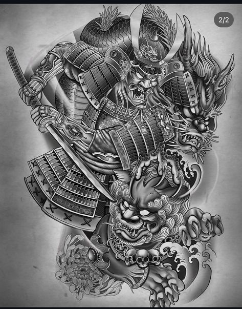 New Japanese Tattoo, Neo Trad Flash, Samurai Back Tattoo, Asian Style Tattoo, Foo Dog Tattoo Design, Underarm Tattoo, Trad Flash, Japanese Back Tattoo, Samurai Warrior Tattoo