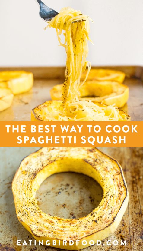 Here's how to cook spaghetti squash if you want long pasta-like strands and spaghetti squash that isn't watery! Just cut the squash widthwise, into rings and roast it. #spaghettisquash #lowcarb #eatingbirdfood Cook Spaghetti Squash, Cooking Spaghetti Squash, Spaghetti Squash Recipes, Buffalo Cauliflower, Squash Recipes, Veggie Dishes, Spaghetti Squash, Vegetable Dishes, How To Cook