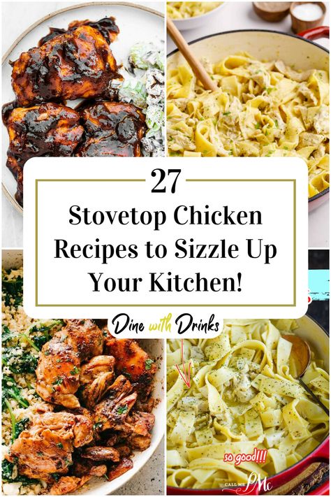 Collage of 4 stovetop chicken recipes. Chopped Cooked Chicken Recipes, Chicken Recipes On The Stove, Chicken Stew Stove Top, Chicken On The Stove Recipes, Chicken Skillet Recipes Easy One Pot, Stove Top Supper Ideas, Easy Chicken Stovetop Recipes, Easy Stovetop Chicken Recipes, Chicken Recipes On Stove Top