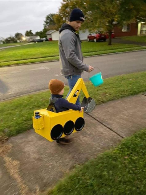 Diy Car Halloween Costume, Halloween Costumes Toddler Boy Diy, Construction Family Halloween Costume, Diy Digger Costume, Construction Theme Costume, Construction Vehicle Costume, Digger Halloween Costume, Toddler Boy Diy Costume, Lawnmower Halloween Costume