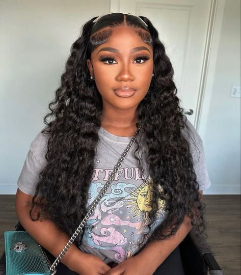 Deep Wave With Two Ponytails, Two Ponytail Deep Wave Wig, Deep Wave Wig Ponytail, Deep Wave Two Ponytails, Deep Wave 2 Ponytails, Loose Wave Half Up Half Down Weave, Curly Hairstyles Wig Install, Deep Wave Hairstyles Wig, Deep Wave Install