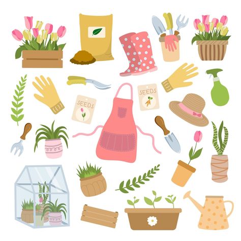 Spring garden equipment, potted flowers and plants clipart. Isolated on white background. great for stickers, decor, prints. Spring Illustrations, Garden Clipart, Spring Illustration, Potted Flowers, Spring Clipart, Garden Equipment, For Stickers, Decor Prints, Cartoon Style