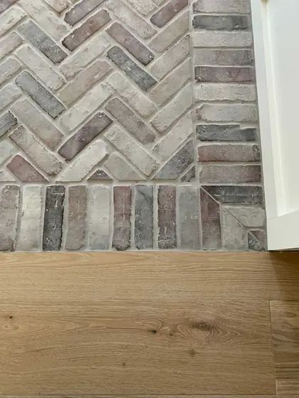 PHOTO GALLERY | Realthinbrick Brick Herringbone Floor, Brick Tile Floor, Herringbone Brick Floor, Brick Porch, Herringbone Tile Floors, Farmhouse Kitchen Inspiration, Entryway Tile, Brick Floor, Sunroom Addition