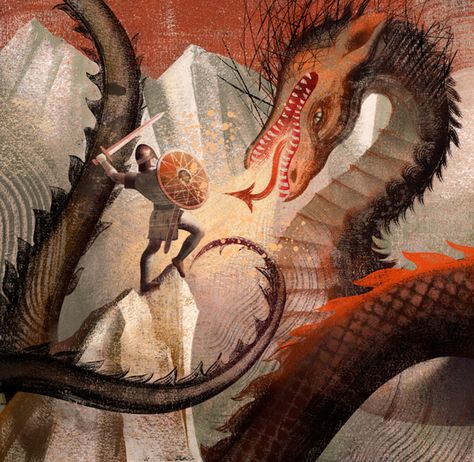 "BEOWULF" book by Anna & Elena Balbusso , via Behance Ancient Drawings, Dragon Images, Year Of The Dragon, Dragon Slayer, Saint George, Classic Literature, How Train Your Dragon, Art And Design, Book Illustration