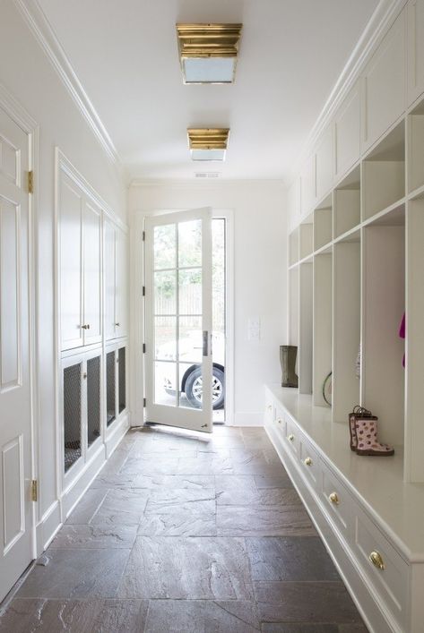 Laundry Room With Kennel, Mudroom Floors Ideas, Mudroom Doors Exterior, Small Side Entryway Ideas, Mud Room Large Family, Mudroom Door To Garage, High End Mudroom, Mudroom Cabinet Design, Mudroom Into Kitchen