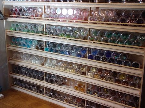 Rhinestone Organization, Perler Storage, Nail Desks, Jewelry Studio Organization, Peloton Room, Door Beads, Bead Studio, Dream Craft Room, Craft Room Design