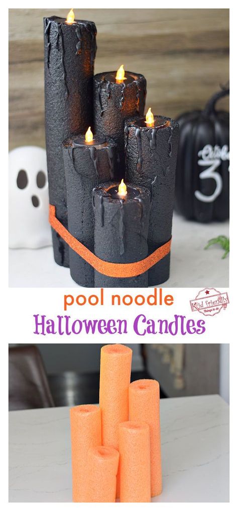 Pool Noodles Candles Halloween, Dollar Tree Pool Noodle Halloween Candles, Halloween Candles Out Of Pool Noodles, Halloween Noodle Candles, Candles Made Out Of Pool Noodles, Candles Out Of Pool Noodles, Candle Pool Noodles, Pool Noodle Luminaries, Foam Noodle Halloween Candles