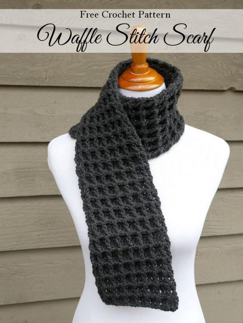 FREE Crochet Pattern: Waffle Stitch Scarf | Need a quick and easy gift idea? Whip up this cozy scarf in the pretty crochet waffle stitch. Crochet Stitches Scarf, Waffle Stitch Crochet, Crochet Scarf Easy, Crochet Waffle Stitch, Crocheted Scarf, Crochet Scarf Pattern Free, Waffle Stitch, Stitch Crochet, Double Crochet Stitch