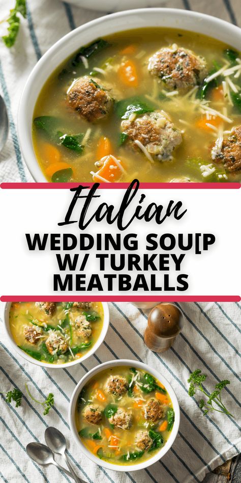 This Italian Wedding Soup with Turkey Meatballs is pure comfort in a bowl. It is a warm hug whenever you want something delicious, good for you and so easy to make. Italian Meatball Wedding Soup, Turkey Meatball Soup Healthy, Turkey Meatballs For Soup, Italian Meatball Orzo Soup, Turkey Meatball Orzo Soup, Chicken Meatball Soup Healthy, Italian Wedding Soup With Turkey Meatballs, Italian Wedding Soup With Chicken Meatballs, Soup Italian Wedding