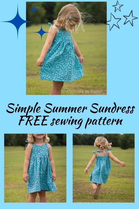 Simple Summer Sundress FREE sewing pattern (Sizes 2 to 6). This little dress is a really quick and easy sew. It features a slightly curved V neckline in the front, and an elastic back with straps that tie at the shoulders. The skirt is not too full and it hits right about the knee. It is easy to throw on and perfect for summer play! SewModernKids Free Toddler Dress Pattern, Toddler Dress Pattern Free, Girls Summer Dress Pattern, Summer Dress Patterns Free, Girls Dress Pattern Free, Sundress Sewing Patterns, Toddler Summer Dresses, Summer Dress Sewing Patterns, Toddler Dress Patterns