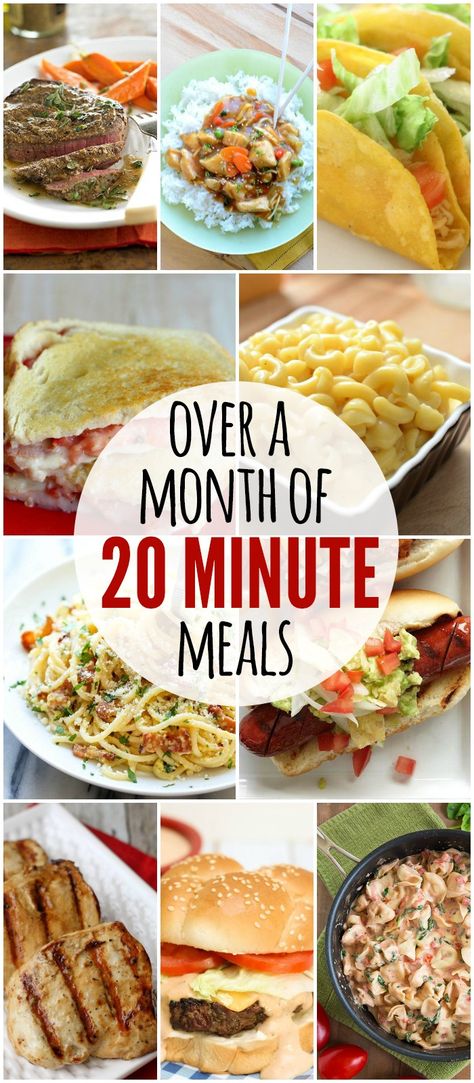 Over a month worth of meals that only take 20 minutes or less to prepare! Check it out on { lilluna.com } 20 Minute Meals, 20 Min Meal, Diner Recept, 20 Minute Recipes, Fast Dinners, Quick Dinner, Weeknight Meals, Quick Recipes, Main Dish Recipes