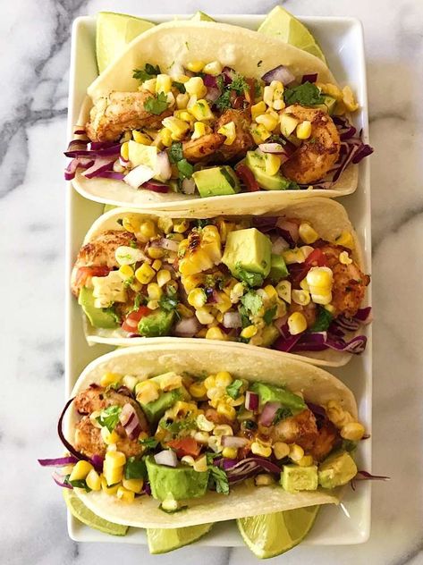 Tacos With Corn Salsa, Easy Corn Salsa, Gf Dinners, Avocado Corn Salsa, Roasted Corn Salsa, Grilled Shrimp Tacos, Shrimp Corn, Chili Lime Shrimp, Spicy Shrimp Tacos