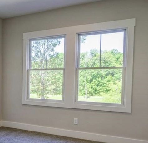 Window Framing Interior, Framed Interior Windows, Flat Trim Around Windows, Window Trim Ideas Interior Multiple Windows, Shaker Style Window Trim, Double Window Trim, Flat Window Trim, Simple Window Trim Ideas Interior, Modern Farmhouse Window Trim