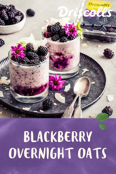 Bursting with fresh blackberries, these overnight oats with chia seeds are the perfect grab-and-go breakfast for busy mornings. You'll love the creamy texture of the oats cut with the sweet tang of freshly muddled blackberries. Two spoons up! Blackberry Overnight Oats Recipe, Overnight Oats With Blackberries, Overnight Oats Blackberries, Blackberry Overnight Oats In A Jar, Blackberry Cobbler Overnight Oats, Blackberry Overnight Oats, Oat Overnight, Overnight Oats With Chia Seeds, Oats With Chia Seeds