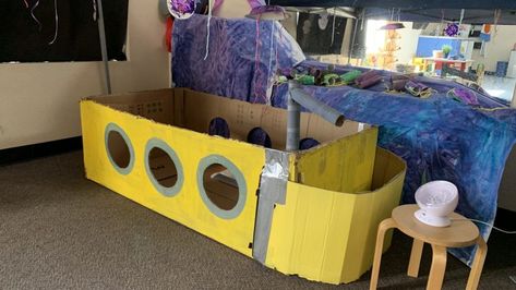 Cardboard Submarine Diy, Submarine Dramatic Play, Submarine Costume, Cardboard Submarine, Diy Submarine, Submarine Craft, Space Vbs, Stellar Vbs, Water Study