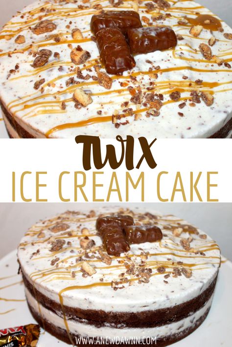 Twix Ice Cream Cake Recipes, Easy Twix Cake, Twix Ice Cream Cake, Ice Cream Desserts Recipes, I’ve Cream Cake Recipes, Twix Cake Birthday, Twix Desserts, Twix Dessert Recipes, I’ve Cream Cake