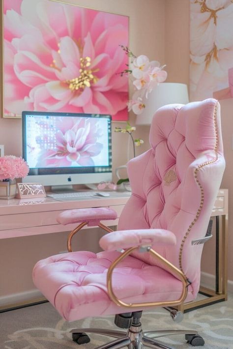 Office Arrangement, Feminine Home Office, Feminine Home Office Ideas, Princess Chair, Pink Office Decor, Feminine Home, Feminine Home Offices, Pink Office, Office Room Decor