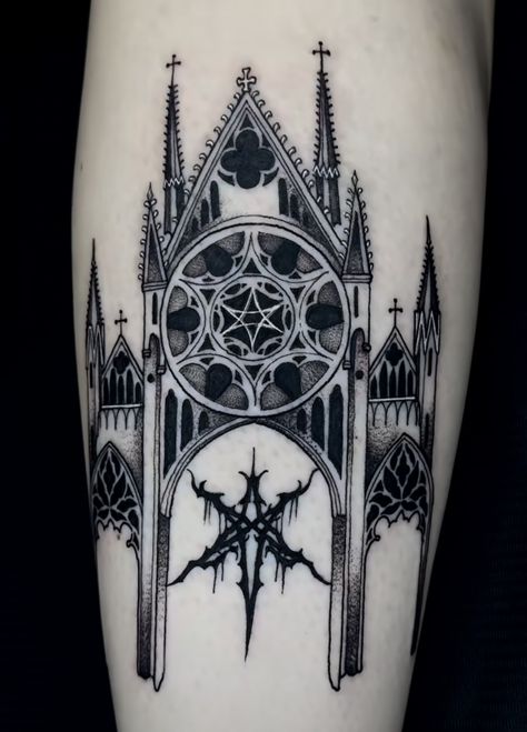 Cathedral Chest Tattoo, Gothic Cathedral Tattoo, Gothic Architecture Tattoo, Bmth Tattoo, Cathedral Tattoo, Round Tattoo, Mystical Tattoos, Choose Her, Why Her