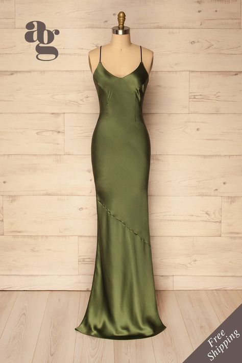 Slim Green Dress, Olive Green Floor Length Dress, Prom Dresses Simple Elegant Classy, Funky Prom Dress, Army Green Prom Dress, Green Long Dress Outfit, Long Green Silk Dress, Green Silk Prom Dress, Indie Prom Dress