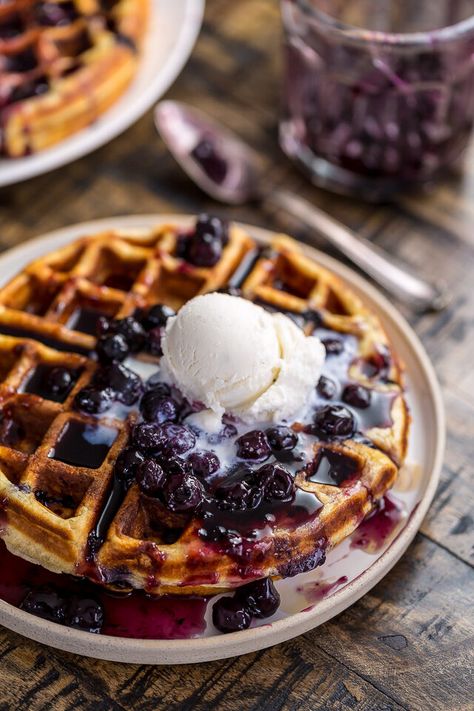 Greek Yogurt Blueberry Waffles with Fresh Blueberry Sauce - Baker by Nature Easter Brunch Dessert, Greek Yogurt Blueberry, Blueberry Waffles Recipe, Homemade Brunch, Fudge Pops, Homemade Greek Yogurt, Baker By Nature, Blueberry Waffles, Brunch Desserts